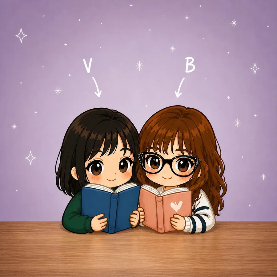 Illustration of the two authors behind Vienna Bourne reading together